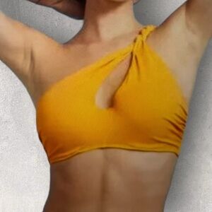 Shade & Shore Yellow Orange Twisted One Shoulder Keyhole Bikini Top SZ 32B NWT